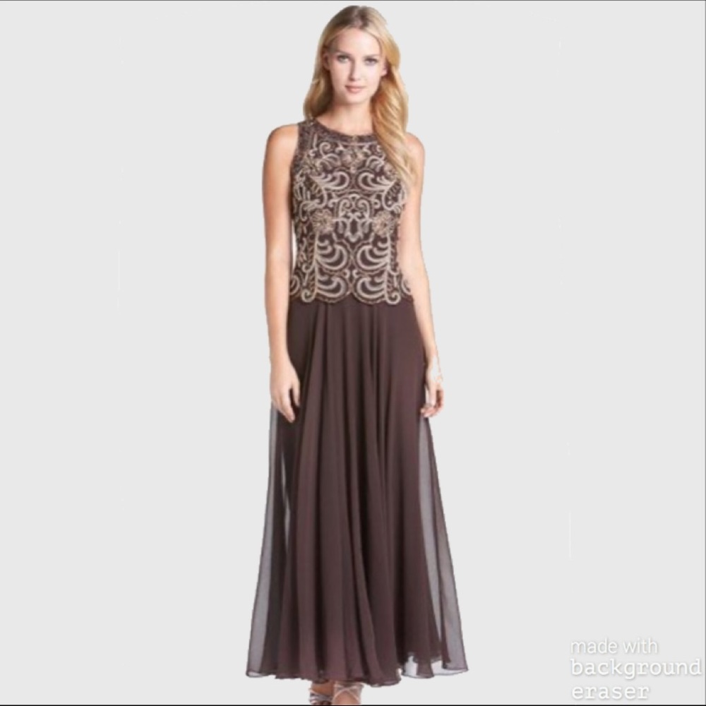 J Kara Sleeveless Scallop All Over Beaded Gown